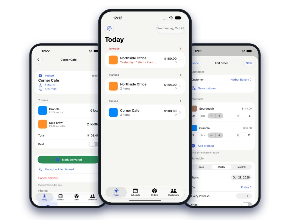 OrderLoop on iPhone: the Today list, a delivery for Corner Cafe with its time window, and the order editor