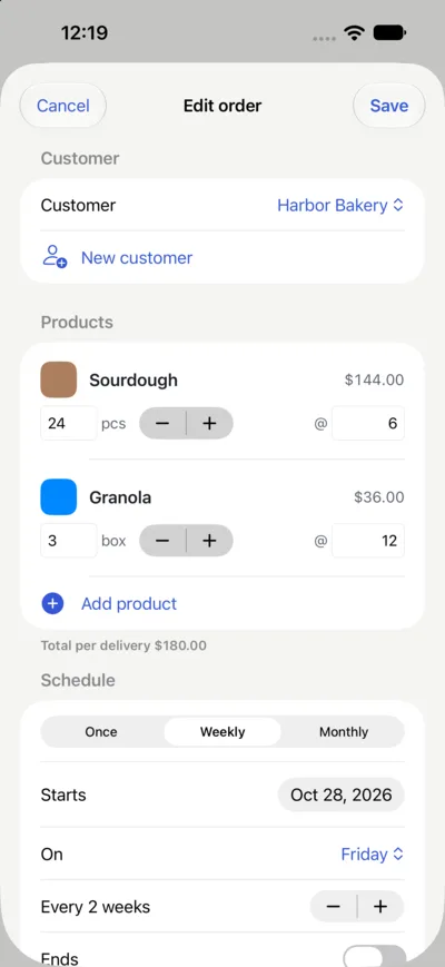 Order editor with products, quantities and a weekly schedule every 2 weeks on Friday