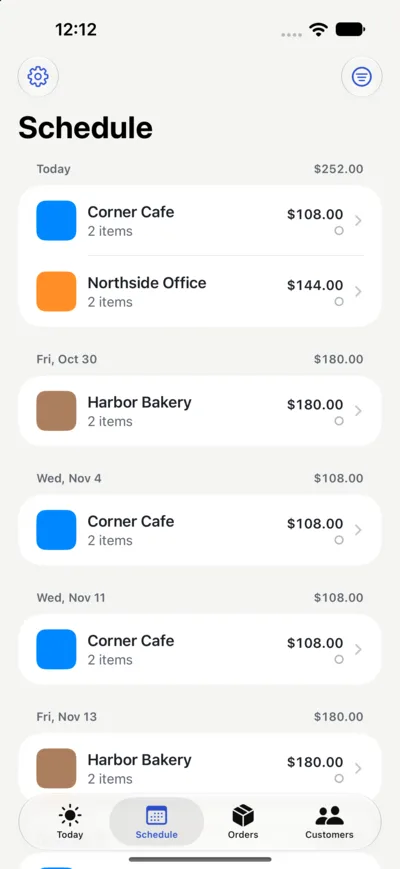 Schedule screen listing deliveries by day with daily totals