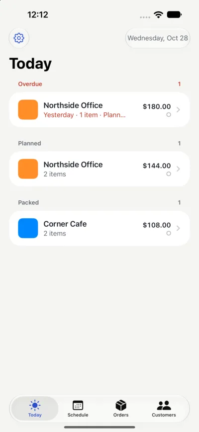Today screen: an overdue delivery for Northside Office, and today's planned deliveries